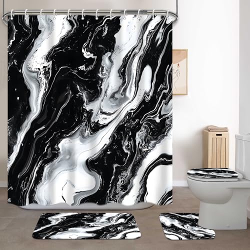 Lnond 4Pcs Marble Bathroom Sets with Shower Curtain and Rugs, Black Marble Modern Art Bathroom Shower Curtain Sets with Rugs and Accessories - color: Black Marble