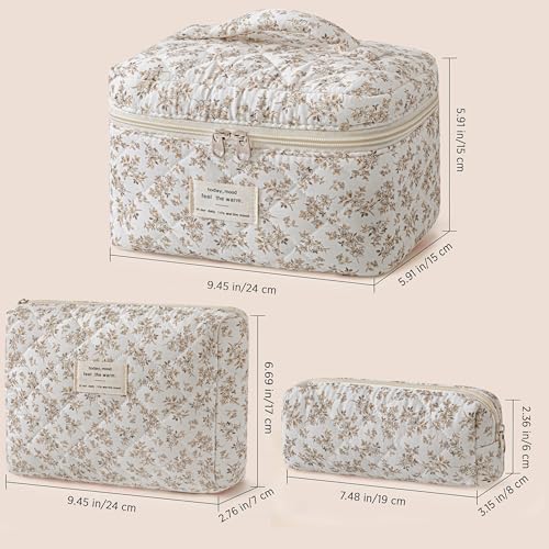 HBselect Quilted Makeup Bag, 3PCS Cotton Large Travel Makeup Bag, Cute Floral Coquette Make up Bag Cosmetic Bag Toiletry Bag for Women Girls - color: A-3PCS-Floral 23