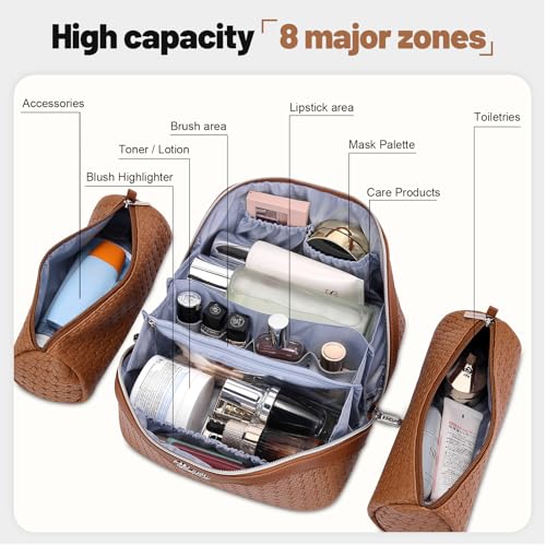 BOYATU Travel Makeup Bag Cosmetic Bags for Women: Large Capacity 3 Pcs Set Make up Bag with Compartments - Waterproof Vegan Leather Toiletry Organizer Bags with Handle (L53Brown) - color: L53Brown