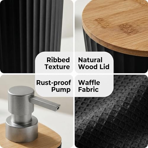 Bathroom Accessory Set 7 Pcs, Plastic Bathroom Set with Bamboo Cover Include Soap Dish, Toothbrush Holder, Mousewash Cup, Shower Curtain Set, Soap Dispenser, Trash Can & Toilet Brush - color: Black, size: 7pack
