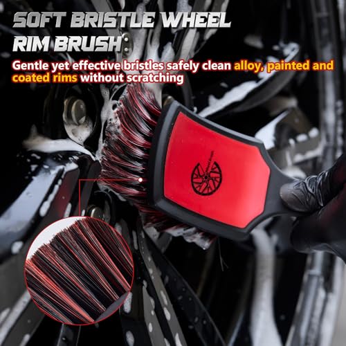 BMLEI Wheel & Tire Brush Set, 2 Pack Car Wheel Brush & Tire Cleaner Brushes, Soft Bristle Rim Brush and Stiff Tire Scrub Brush, Scratch-Free Wheel Cleaning Kit for Car Detailing, Trucks, SUVs - color: Red&black