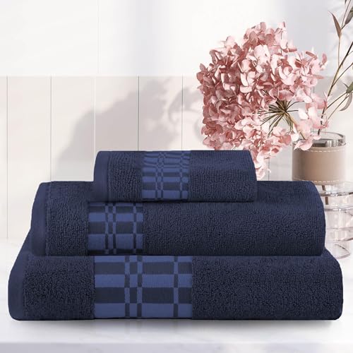 Superior 3-Piece Cotton Towel Set, Geometric Design, Dobby Border, Plush Quick Dry Towels, Decorative Bathroom, Spa, Includes 1 Bath, 1 Hand, 1 Face Towel/Washcloth, Larissa Collection, Navy Blue - color: Navy Blue, size: 3 Piece Towel Set