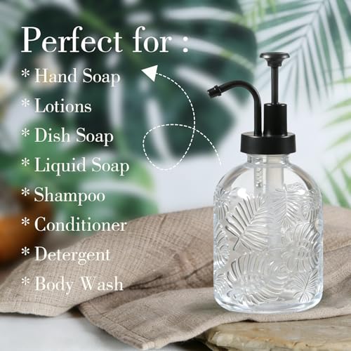 11.8Oz Vintage Glass Bathroom Soap Dispensers with Black Pump, Refillable Kitchen Dish Soap Dispenser with Embossed Leaf, Modern Farmhouse Hand Soap Liquid Bottle -1 Pack - color: Clear/Black, size: 1Pack