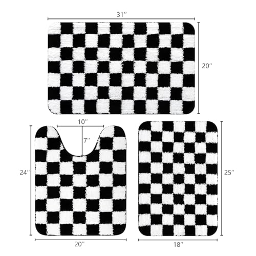 Uphome Bathroom Rugs Set 3 Piece, Black and White Checkered Bath Mat Set Non Slip Machine Washable, Soft Plush Microfiber Bathroom Mat with U Shaped Toilet for Tub, Shower - size: 18x25+20x31+U Shape 20x24 inch