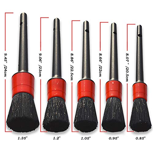 Detailing Brush Set -5 Different Sizes Premium Natural Boar Hair Mixed Fiber Plastic Handle Automotive Detail Brushes for Cleaning Wheels, Engine, Interior, Air Vents, Car, Motorcy - color: Red