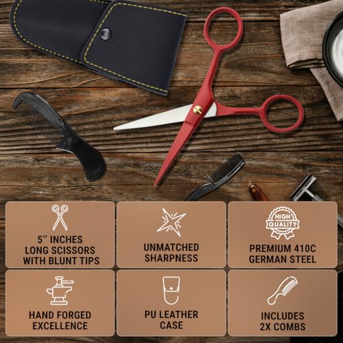 Ontaki Beard & Mustache Scissors for Men - 5inch, True Red - 410C German Steel Durable, Ergonomic Design Travel Friendly Facial Hair Scissors - Beard Grooming Kit 2 Combs & Case Perfect for Styling - color: True Red