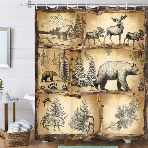 Rustic Cabin Shower Curtain for Bathroom, Wildlife Country Lodge Decor Bath Curtains, Animal Hunting Camping Fabric Waterproof Shower Curtain Set with Hooks, 36X72in - color: Animal, size: 36"W x 72"L (Pack of 1)