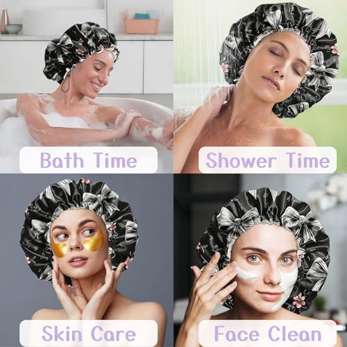 Luxury Shower Cap Silk Satin Lined Waterproof Reusable Adjustable Elastic Dry Hair Bathing Caps Cute for Women Girls-Grey Bowknot - color: C--7-Grey