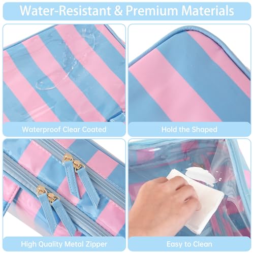 Travel Toiletry Bag for Women, Waterproof Clear Coated Portable Stripe Makeup Cosmetic Bag with Compartment, Travel Organizer for Shampoo, Conditioner, Brushes Set,Cosmetic Accessories(Pink-Blue) - color: Pink-Blue
