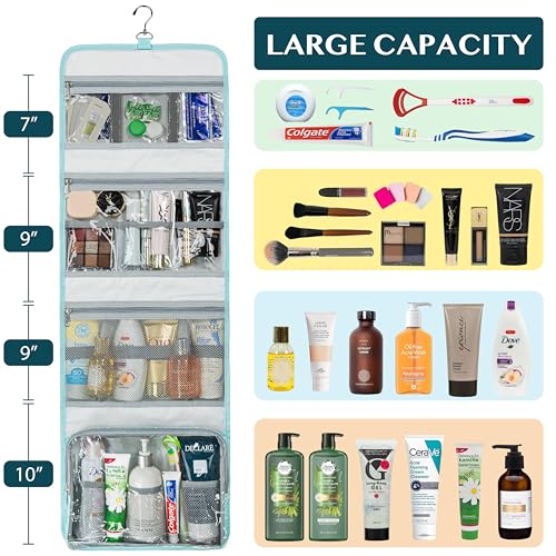 PAVILIA Travel Hanging Toiletry Bag for Women Men, Large Capacity Makeup Bag Kit, Waterproof Cosmetic Storage Organizer Case for Bathroom Shower - color: Teal Chevron, size: Large