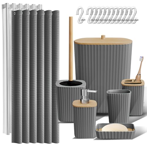 Clara Clark Bathroom Accessories Set - Bathroom Set, Bathroom Accessory Set, Shower Curtain Set, Toilet Brush, Trash Can & Soap Dispenser - Grey - 20PC - color: Grey, size: Complete Set