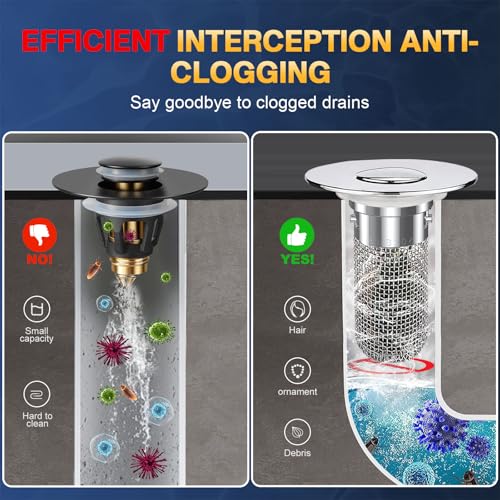 Bathroom Sink Drain Strainer, Pop Up Sink Drain Filter with Removable Stainless Steel Filter Basket Hair Catcher, Bathroom Sink Drain Stopper, for Us Bathroom Sink Stopper Replacement (2pcs) - color: 2pcs