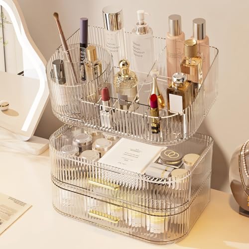Large Makeup Organizer with Drawers, 360° Rotating Brush Holder | 3-Tier, Cosmetic storage for vanity, skincare, perfume, hair accessories, lipstick and jewelry, Clear - color: Clear, size: 3-layer