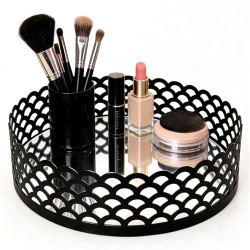 Black Metal Decorative Tray with Mirror Base - Round Vanity Tray for Makeup Brushes, Jewelry, Perfume, and Home Décor(7.3”X2”) - size: 7.3"