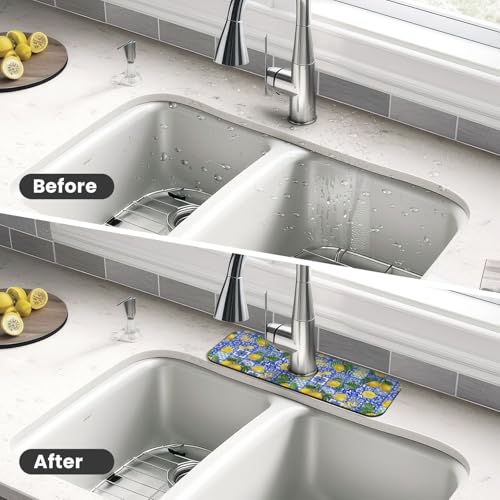 Lemon Mexican Tiles Italian Blue 15" X 5.5" Kitchen Sink Splash Guard Faucet Faucet Guard Draining Mat Sink Splash Guard Faucet Kitchen Bathroom - color: Lemon Mexican Tiles Italian Blue