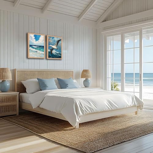 2Pcs Wood Framed Vintage Seascape Wall Art Coast Beach Seagulls Flying Over Waves Poster Canvas Print Modern Seaside Picture Home Decor Painting for Living Room Bedroom Bathroom16x24in - color: Birds Flying Over Waves, size: 16x24 Inches