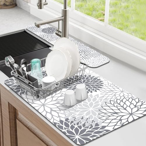 Findosom 2PCS 16" x 24" Dish Drying Mat & 24" x 5.5" Sink Splash Guard, Super Absorbent & Cuttable Dish Mat Drying Kitchen Mat with Gray Floral, Hide Stain Drying Mat for Kitchen Counter - color: Gray, size: 16" X 24" + 24" X 5.5"