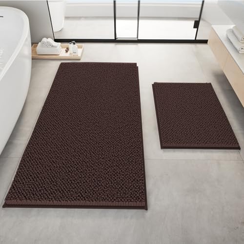 RUN HELIX Bathroom Rugs Set Non Slip 2 Piece Bath Rugs Extra Soft Chenille Bathroom Mats Bath Mat Set,Absorbent Shaggy Rugs Perfect Plush Mats Small Rug - color: Brown, size: 32"L x 20"W + 24"L x 16"W