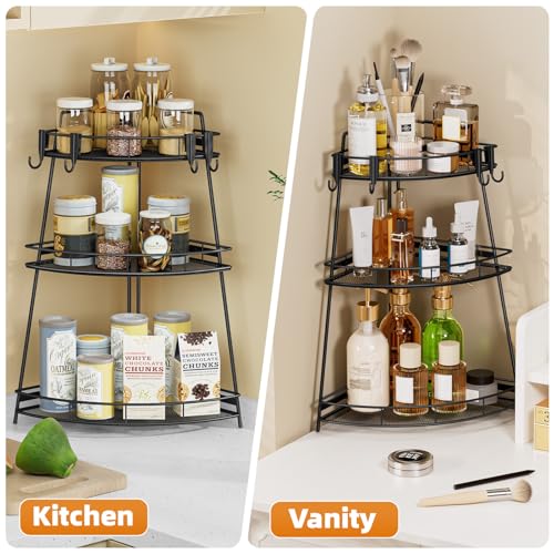 VITVITI 3 Tier Corner Bathroom Counter Organizer, Metal Bathroom Countertop Organizer Shelf Storage, Bath Room Sink Makeup Organizers for Vanity Skincare with Hooks, Black - color: 3 Tier Black