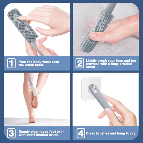 Pack of 3 Silicone Toe Cleaning Brush,Soft Brush Foot Scrubber Long Handle Bathroom Shower Bath Brush Wet and Dry Use for Seniors,Elderly, Men and Women (Grey) - color: Grey