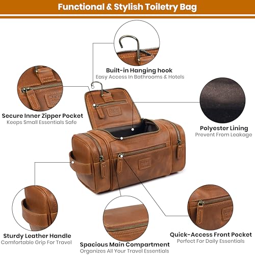 LEATHER VILLAGE Genuine Leather Travel Dopp Kit for Men & Women – Water-Resistant Large-Capacity Hanging Toiletry Bag for Travel, Grooming, Bathroom Organization, Shaving Essentials & Gym Use - Tan - color: Tan