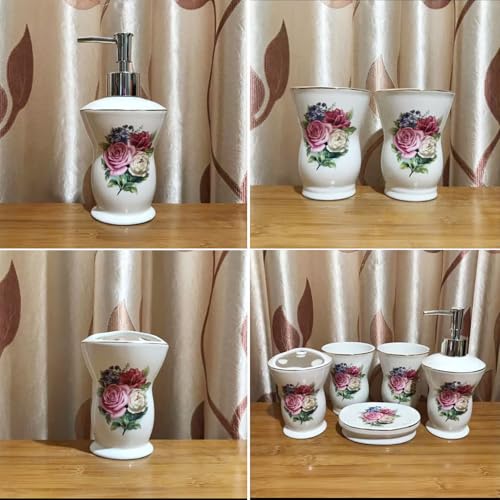 Bathroom Accessories Set 5 Pcs, Soap Dispenser, Toothbrush Holder, Bathroom Tumbler, Soap Dish Modern Bathroom Decor Housewarming Gift,Pink - color: Pink