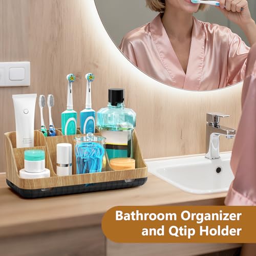 GFWARE Bathroom Toothbrush Holder Set with 2 Pack Qtip Holder Dispenser - 7 Slots Kids Bathroom Accessory Sets with Drainage, Q Tip Holder for Bathroom Sink Counter Accessories Set - color: Wood Sets