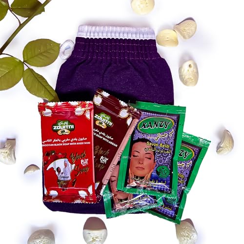 Pack Of 6 Pcs Natural Moroccan Black Soap Beldi + Aker Fassi + Argan Soap + Bath Glove Exfoliating Hammam Glove Combo.