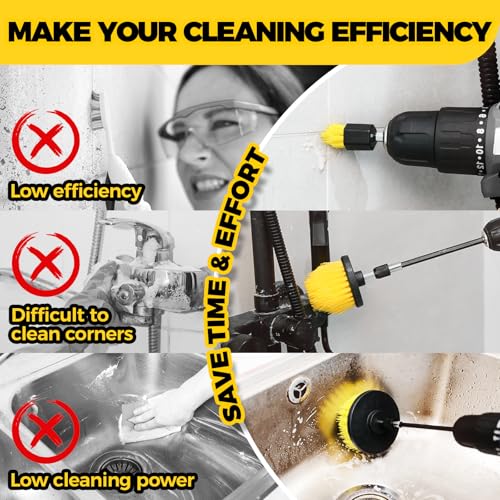 Holikme 8 Piece Drill Brush Attachments Set, Power Scrubber with Extend Long Attachment，Cleaning Supplies for Bathtub, Shower, Grout, Tile(Yellow) - color: Yellow
