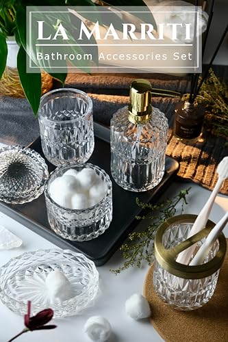 LaMarriti Clear Bathroom Accessories Set, 5pcs Crystal Glass Bathroom Set Accessories, Soap Dispenser, Toothbrush Holder Set, Soap Dish, Tumbler, Qtips Holder for Vintage Bathroom Decor, Gift Set - style: Crystal Clear