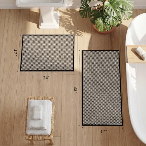 YIHOUSE Thin Bath Mat Black Bathroom Rugs Sets 2 Pieces, Non Slip Absorbent Mats Quick Dry, Woven Rugs Washable, Tapetes para Baño for Bathroom Toliet,Bathtub(17"x24"+17"x32") - color: Black, size: 2Pieces(17"x24"+17"x32")