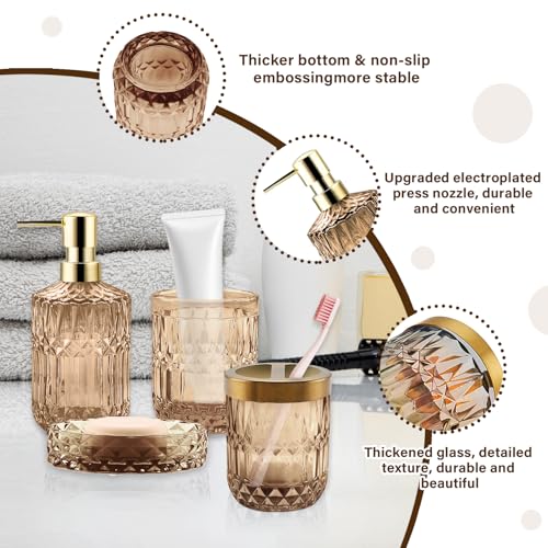 5Pcs Brown Bathroom Accessories Set, Glass Bathroom Accessories, Vintage Bathroom Countertop Decoration Includes Soap Dispenser, Toothbrush Holder, Qtip Holder,Soap Dish and Rinsing Cup - color: Brown, size: 5 Pcs