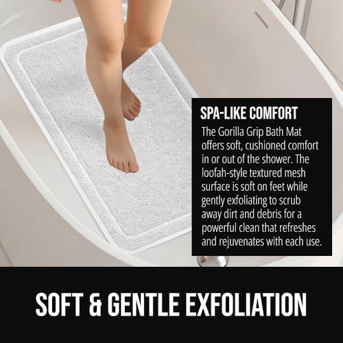 GORILLA GRIP Exfoliating Bath and Shower Mat, Textured Backing, Soft Loofah-Style Foot Scrubber for Outside or Inside Bathtub, Quick Dry Easy Drainage Tub Floor Mats, Bathroom Essentials, 24x16, White - color: White, size: 24" x 16" (Rectangular)