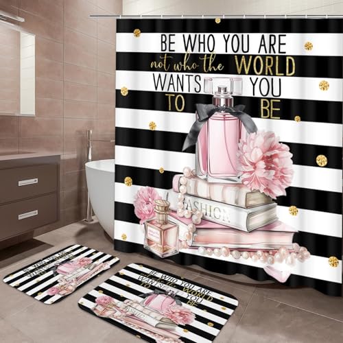 ArtSocket Woman Girl Inspirational Quotes Bathroom Set with Shower Curtain and Bath Rugs and Accessories,Pink Fashion Floral Non-Slip Shower Curtain Set,Bathroom Decor 3 Pcs - color: Pink Fashion Floral