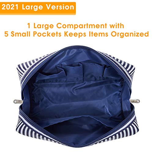 Narwey Cute Makeup Bag Travel Cosmetic Bag Organizer Toiletry Bag Make Up Bags with Compartments for Women Girls (Large, Blue Stripe) - color: Blue Stripe, style: Large