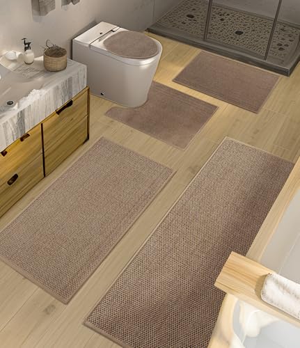 YIHOUSE Bathroom Rugs Sets 5 Pieces, Grey Ultra Thin Bath Mats Fit Under Door, Absorbent Quickly Dry Rubber Backing Braided Bath Mat Set, Non Slip Washable Bath Rug for Bathroom Floor, Grey - color: Grey, size: 5pieces