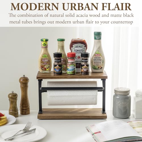 MyGift Premium Solid Acacia Wood Paper Towel Holder with Top Display Shelf and Matte Black Metal Frame, Freestanding Kitchen Countertop Disposable Roll Dispenser Storage Rack - color: Acacia Wood