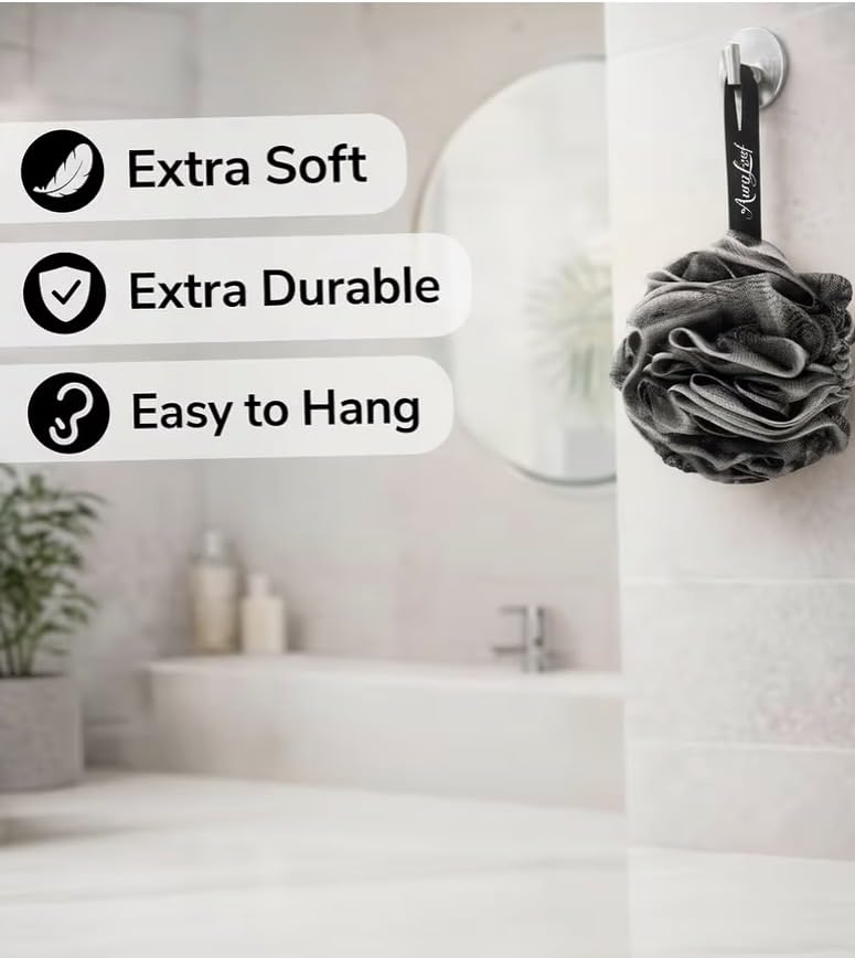 Charcoal Shower Loofah 60g - Extra Soft Bath Sponge with Hanging Ribbon, Durable Mesh Body Scrubber for Men & Women
