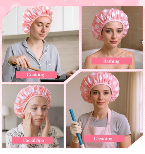 Pink Shower Cap, Double-Sided Reusable Washable Shower Cap for Women, Adjustable & Reusable, Cute Dot Print, Keeps Hair Dry, Suitable for Long Thick Hair（Comes with a Matching Cute Hairband）