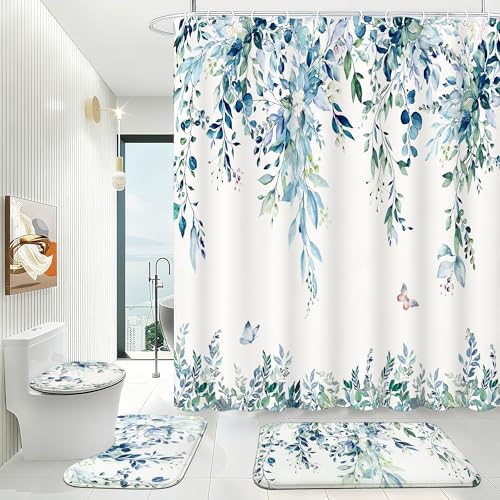 16 Pcs Blue Eucalyptus Shower Curtain Set with Absorbent Rugs and Metal Hooks,Premium 120gsm Heavy Weight Fabric Shower Curtain,Botanical Bathroom Deco (B-Blue) - color: Blue
