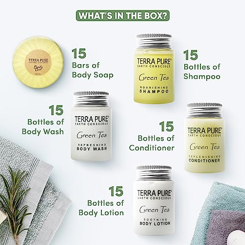 Terra Pure Hotel Soaps and Toiletries Bulk Set | 1-Shoppe All-In-Kit Amenities for Hotels | 1oz Hotel Shampoo & Conditioner, Body Wash, Body Lotion & 1.25oz Bar Soap Travel Size Toiletries | 75 Pieces - style: 75 PIECES