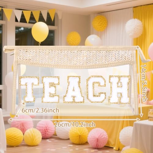 Boho Patch Cosmetic Bag with Zipper, Chenille Varsity Letter Makeup Bag, Clear Travel Pouch, Multi-purpose Small Toiletry Bag for Women Girls (Teach) - style: Teach