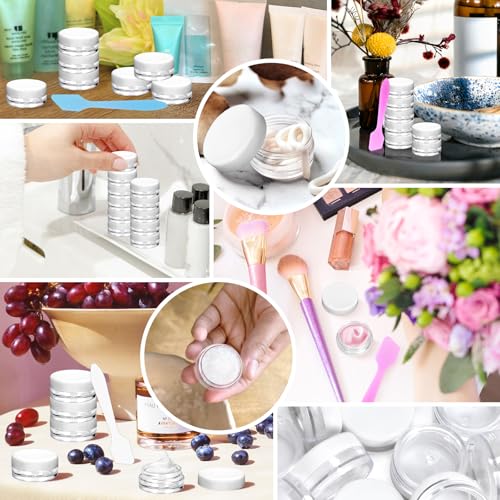 100 Pcs 3g Empty Plastic Containers with White Lids,Tiny Makeup Sample Containers, Small Pot Jars Clear Round Cosmetic Jars with 20 Pcs Mini Spatulas for Liquid Sample Powder Creams - color: White, size: 3g