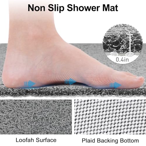 Shower Mat Non Slip, 32" x 24" Large Soft Loofah Shower Mats for Inside Shower with Drain Hole in Middle, Anti Slip Shower Floor Mat for Elderly, Quick Drying, Grey - size: 32" x 24" (Rectangular)