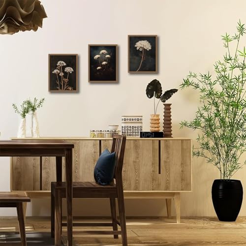 3Pcs Framed Moody Botanical Black Dark Flower Canvas Wall Art Set Elegant White Queen Anne’s Lace Flower Prints, Botanical Painting for Living Room, Bedroom, Office, Home Decor 16x24in - color: Elegant White Queen Anne's Lace Flower, size: 16x24 Inches