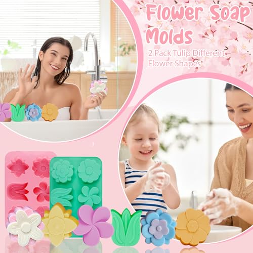 Flower Silicone Molds Tulip Daisy Flower Soap Molds 2Pcs Tulip Shape Candle Mold Daisy Floral Resin Clay Wax Soap Mold Floral Silicone Moldes para Velas for Candles Polymer Clay Craft - color: Pink Green