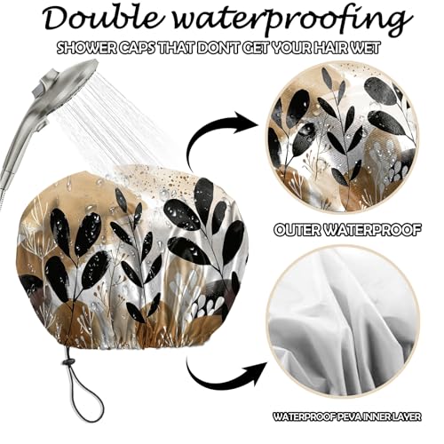 2 PCS Shower Cap Reusable Waterproof Adjustable Double Layer Elastic Dry Hair Bathing Caps Aesthetic Cute for Women Girls-Sun Moon Leaf - color: H-7-Sun Moon Leaf
