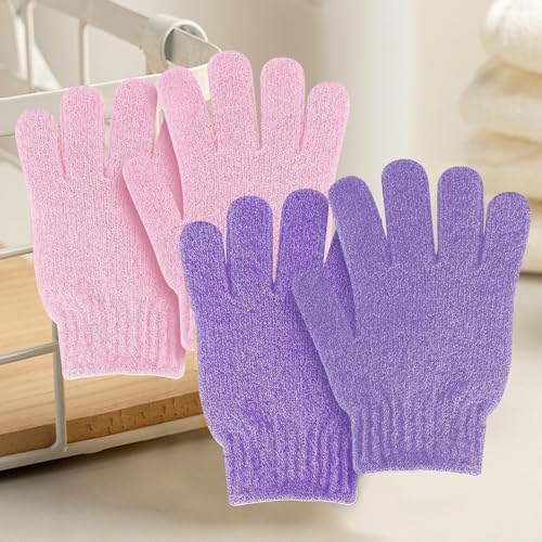 4 PCS Exfoliating Wash Gloves, Dual Texture Bath Gloves for Shower Body Scrub, Deep Cleansing Removes Dead Skin for Both Women and Men（2Pink 2Purple） - color: B9-pink2 Purple2