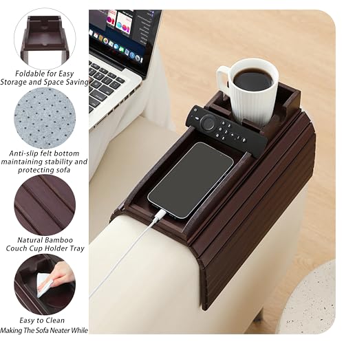 Bamboo Couch Cup Holder Arm Tray Table，Foldable Couch Drink Holder Armrest Table，Sofa Arm Rest Tray，Flexible Arm Chair Table Recliners for Drink,Cups, Snacks, Phone, Remote (Mahogany) - color: Mahogany