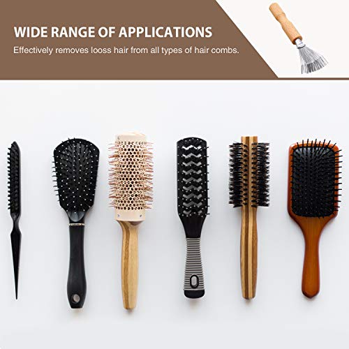 Boao Hair Brush Cleaner, 2 Pieces Mini Hair Dirt Remover Brush with Metal Wire Rake, Wooden Handle for Home and Salon Use(Handle with Groove)